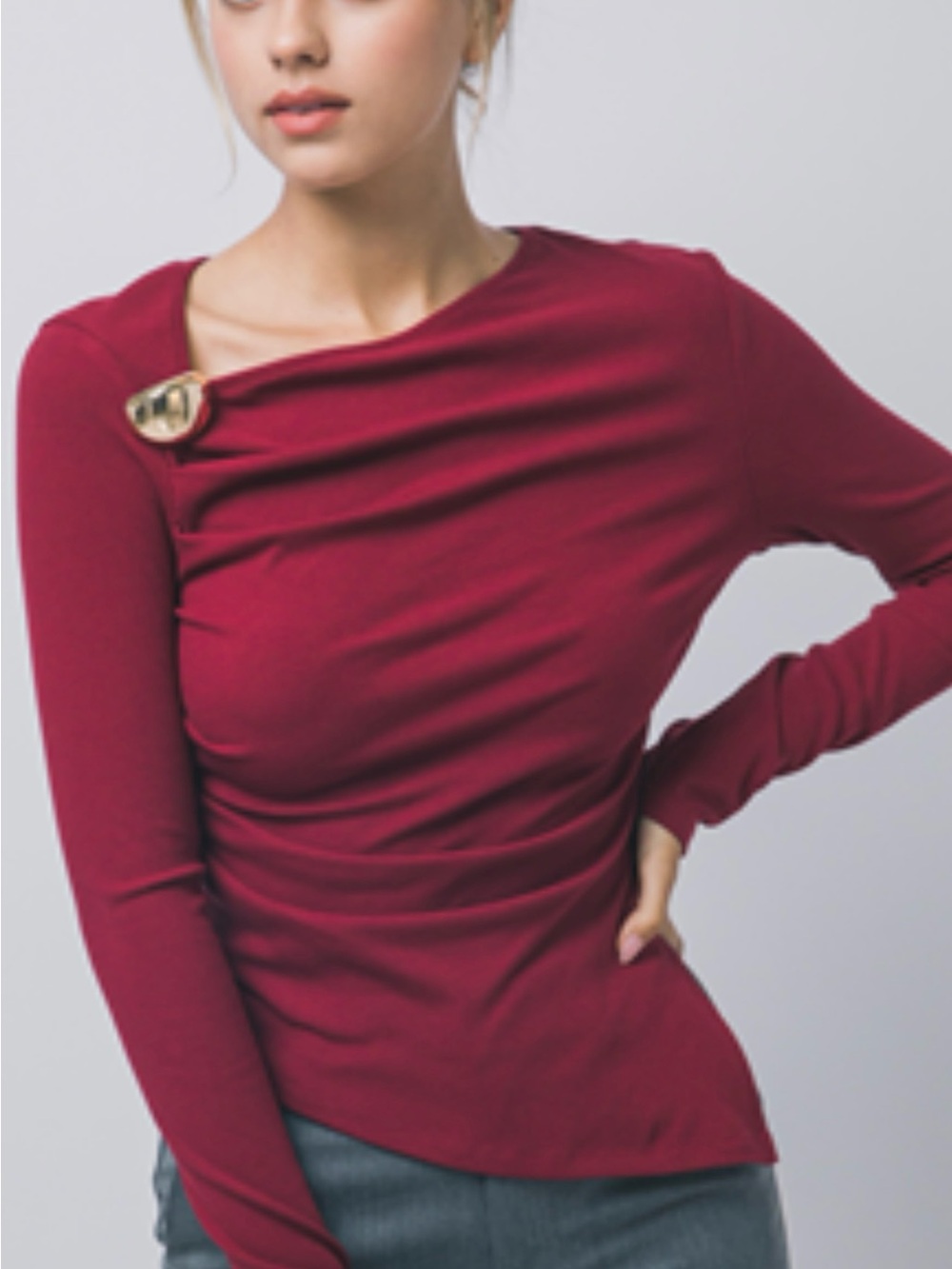Asymmetric Burgundy Long-Sleeve Top with Gold Accent